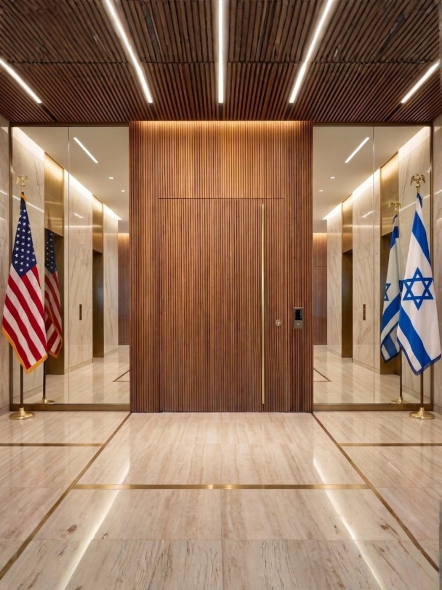 כניסה מעוצבת עם דלת בטחון מעץ בלובי יוקרתי